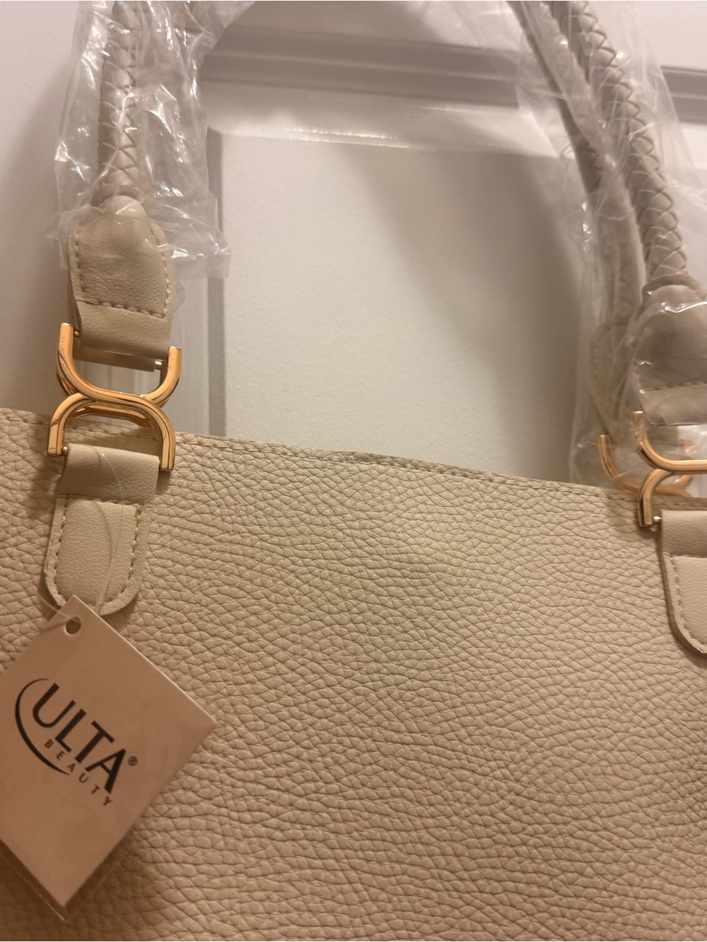 Ulta Beauty Cream Pebbled Tote with Gold Hardware